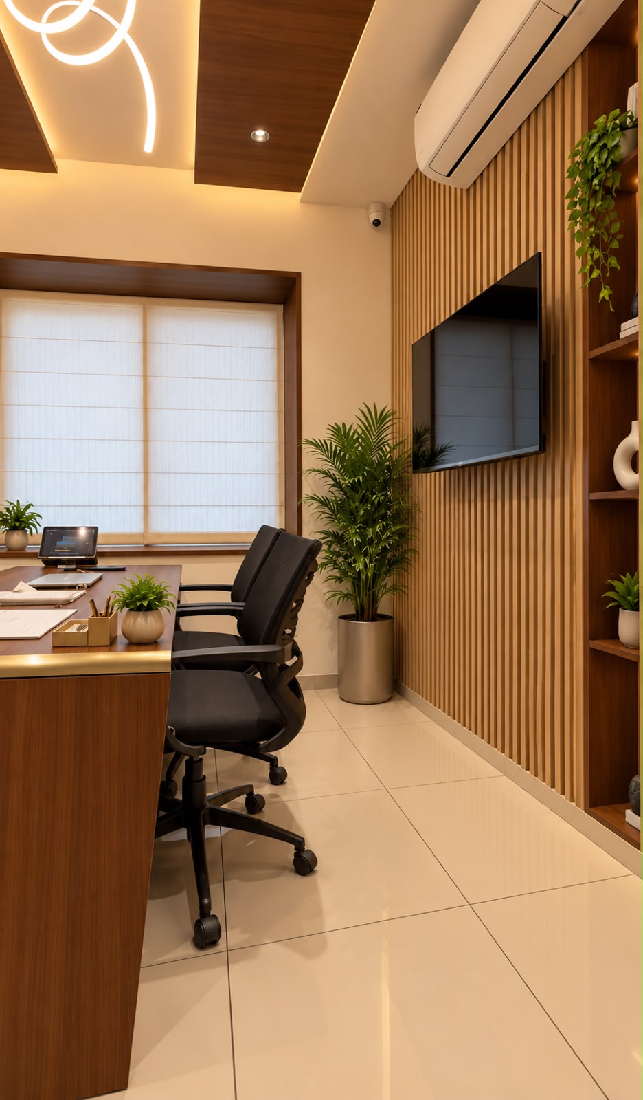 Side view of executive desk and wall mounted TV